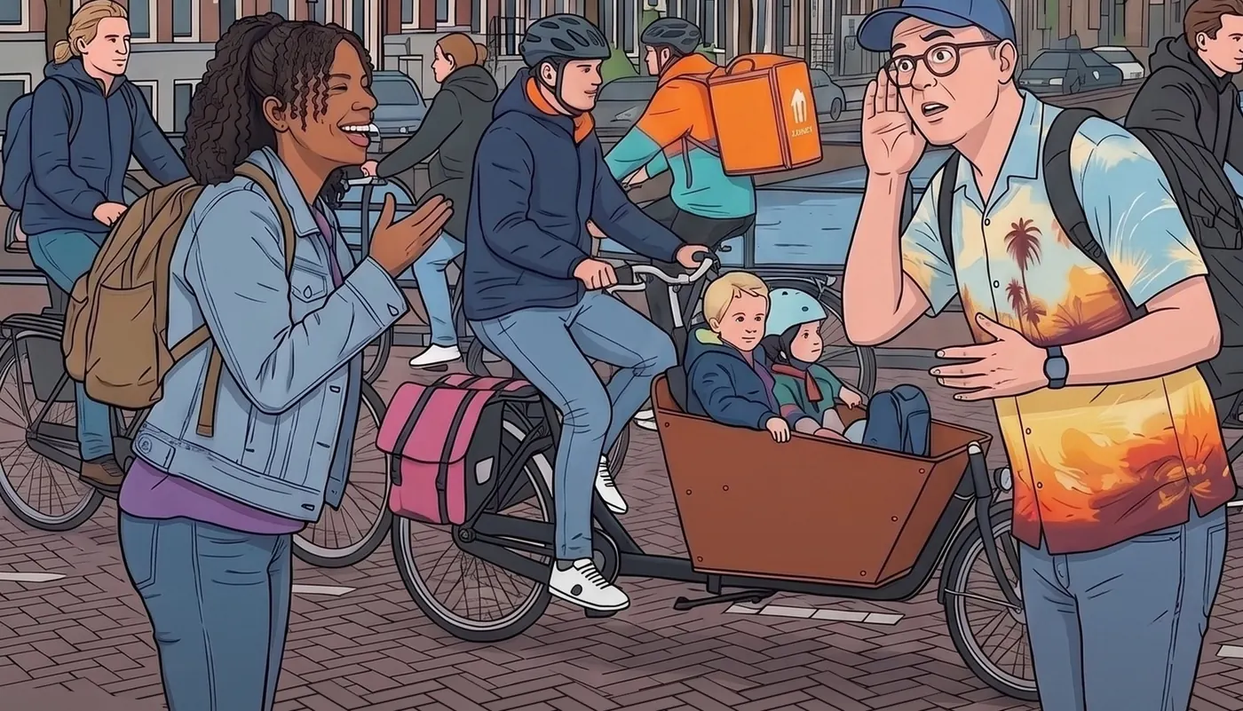 Cover illustration: a woman laughs as she talks to a man across an Amsterdam bike lane. He cups his hand behind his ear. Between them pass cyclists and a cargo bike with children.